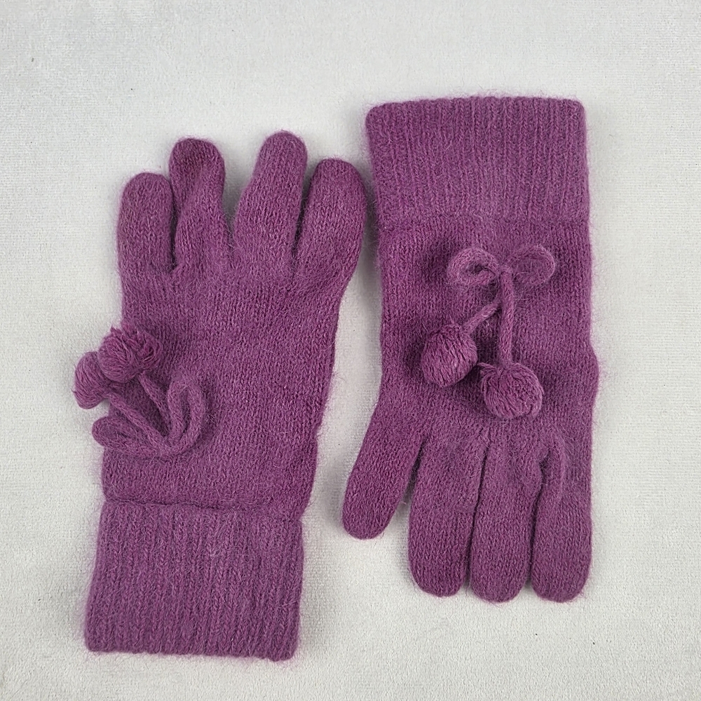 Cozy Soft Purple Angora Gloves With Bow And Pom Poms
